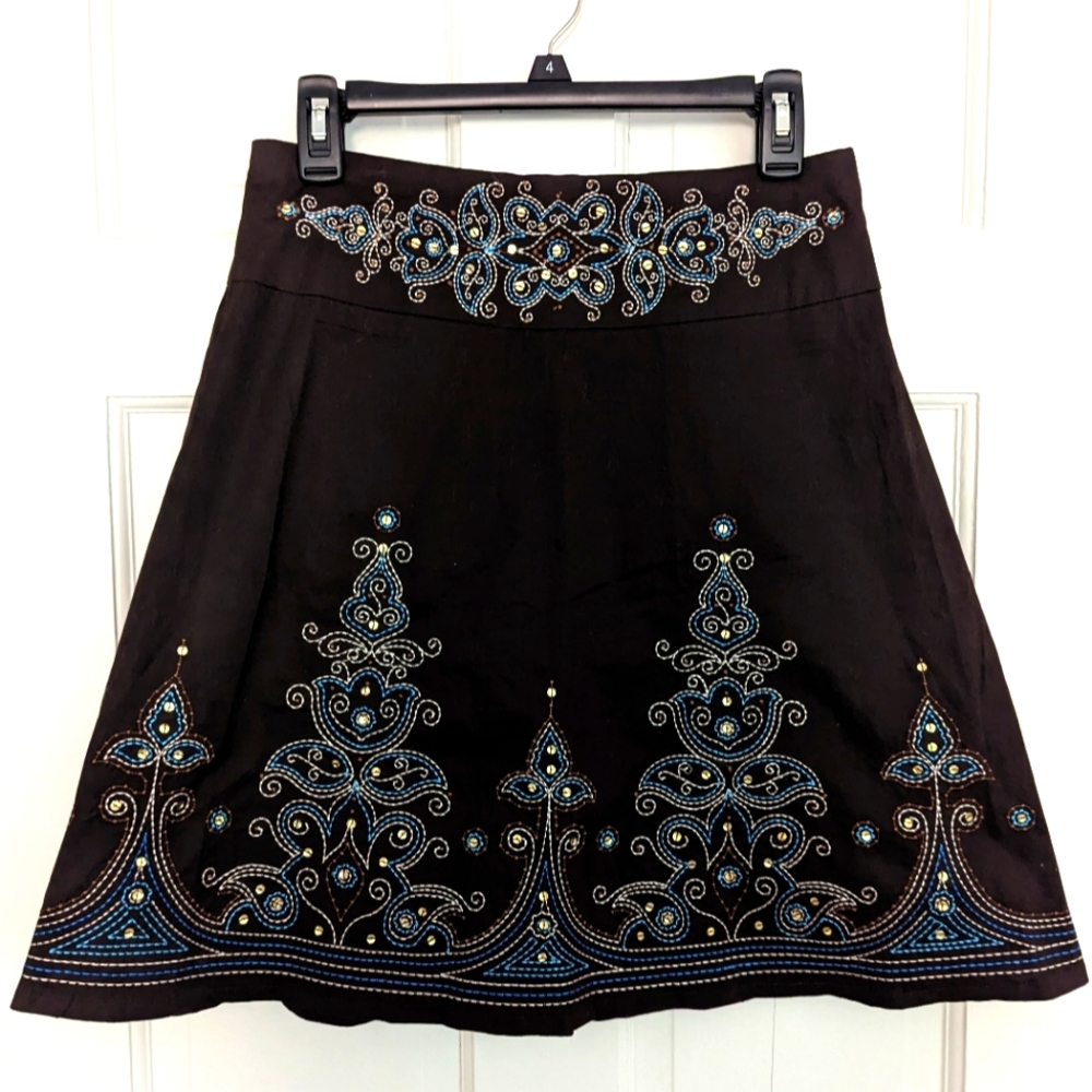 A-Line Dark Brown and Turquoise Embroidered Skirt